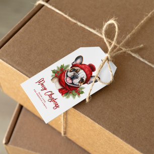 Étiquettes-cadeau Aquarelle Noël Chien-taureau français