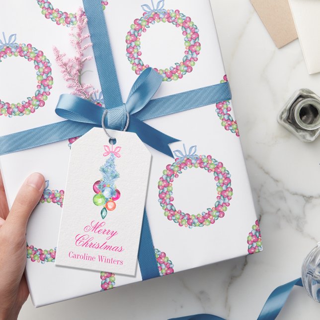 Étiquettes-cadeau Aquarelle Noël Coloré Tinsel & Baubles (Créateur téléchargé)