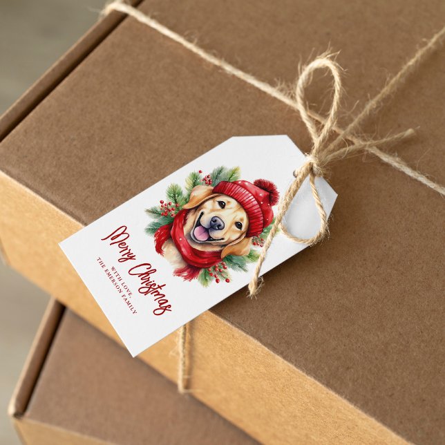 Étiquettes-cadeau Aquarelle Noël Jaune Labrador Chien (Créateur téléchargé)