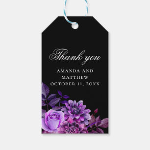 Étiquettes-cadeau Aquarelle noir & violet mariage floral merci
