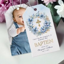 Aquarelle or et bleu Floral Photo Boy Baptême