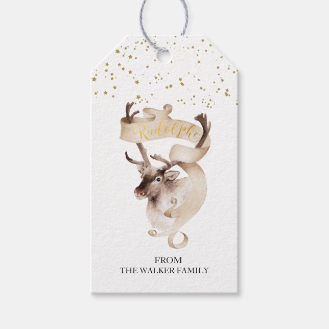 Étiquettes-cadeau Aquarelle or Reindeer Rudolph famille Noël (Devant)