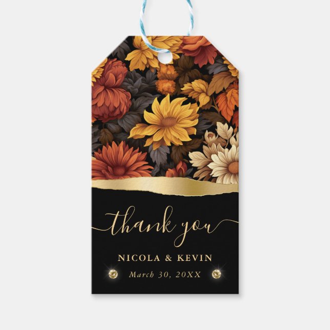 Étiquettes-cadeau Aquarelle orange Brown Feuilles de automne Mariage (Devant)