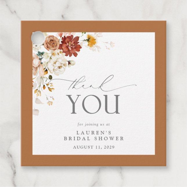 Étiquettes Cadeau Aquarelle orange rouille Fête des mariées florale (Devant)