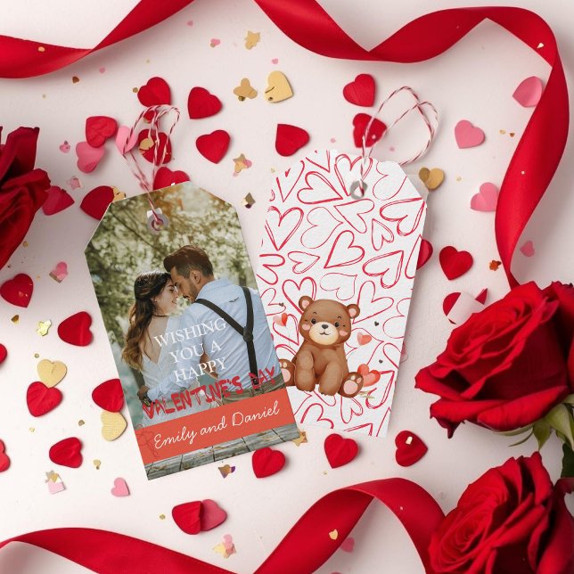 Étiquettes-cadeau Aquarelle Ours Photo Valentine's Day personnalisée (Romantic Photo Valentine Custom Love Keepsake Gift Tags)