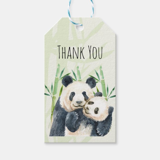 Étiquettes-cadeau Aquarelle Panda Ours Maman & Baby Merci (Devant)