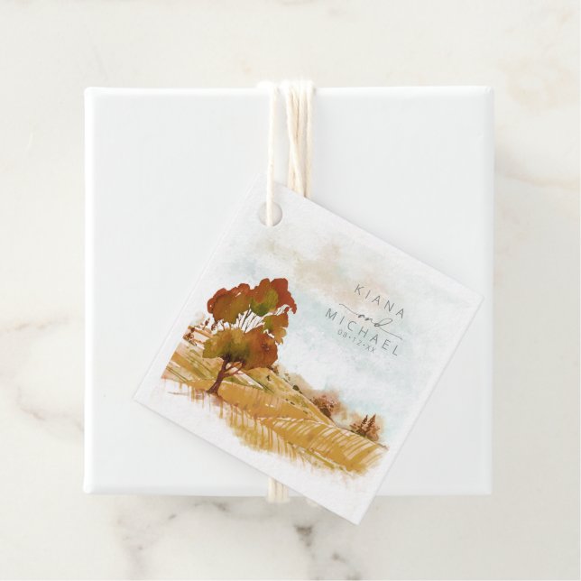 Étiquettes Cadeau Aquarelle Paysage Mariage Automne Gold ID786 (En situation)