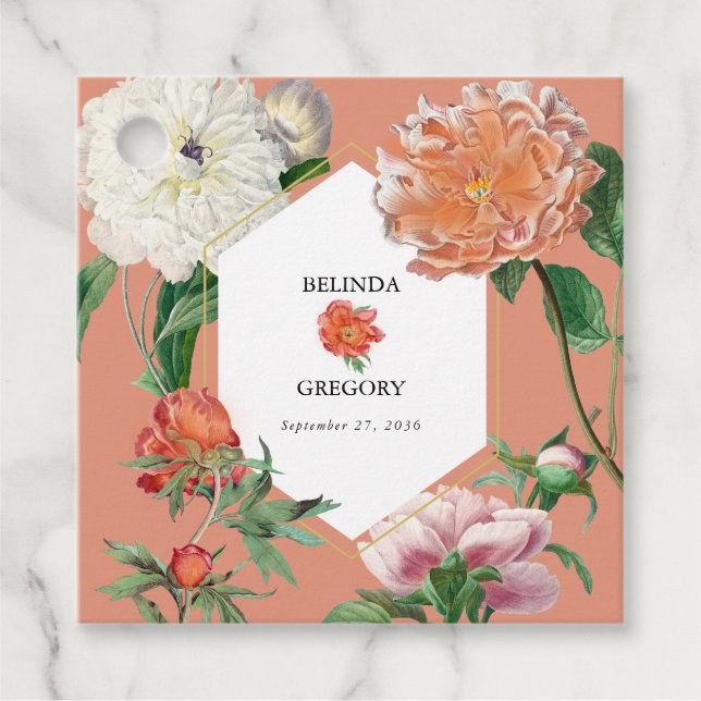 Étiquettes Cadeau Aquarelle Peach Pink Peonies Mariage (Devant)