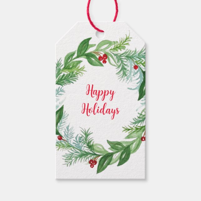 Étiquettes-cadeau Aquarelle peinte à la main Happy Holidays Greens (Devant)