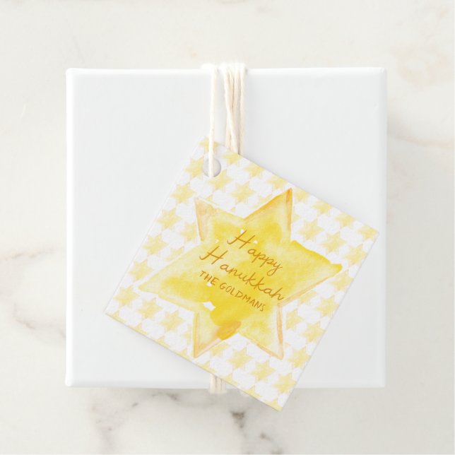 Étiquettes Cadeau Aquarelle personnalisée Jewish Star Hanoukka (En situation)