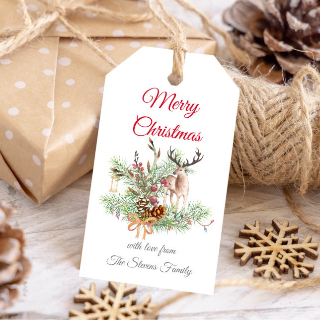 Étiquettes-cadeau Aquarelle Pin de Noël et cônes de pin avec cerf (Watercolor Christmas pine and pine cones with deer Gift Tags)