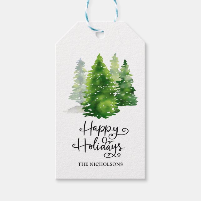 Étiquettes-cadeau Aquarelle Pine Arbres | Joyeux Script de vacances (Devant)