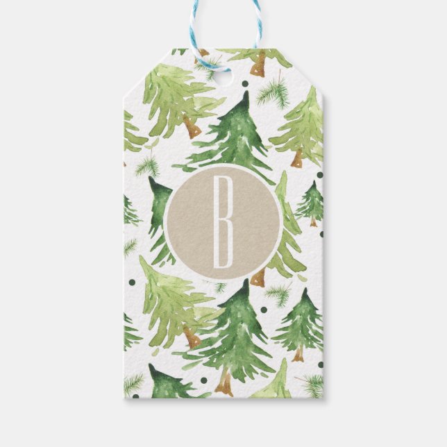 Étiquettes-cadeau Aquarelle Pine Arbres Moderne Rustique Monogramme  (Devant)