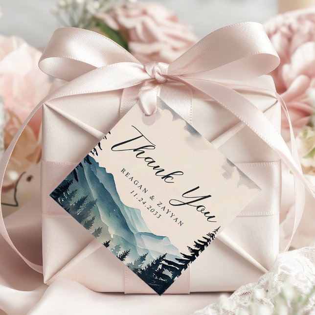 Étiquettes Cadeau Aquarelle Pinède Montagne Mariage Remerciements (Créateur téléchargé)