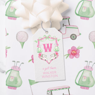 Étiquettes-cadeau Aquarelle Pink & Green Golf Panier Monogram Crest