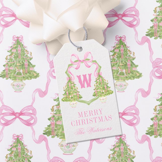 Étiquettes-cadeau Aquarelle Pink Nutcracker Monogram Crest (Créateur téléchargé)