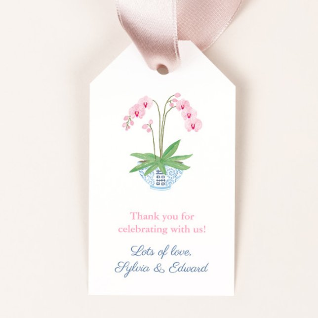 Étiquettes-cadeau Aquarelle Pink Orchid Bleu Bleu Bol Blanc Baby sho (Elegant pink watercolor orchids in a blue and white ginger jar planter baby shower favor tags)