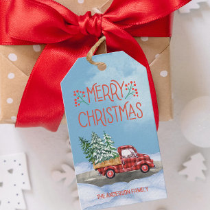 Étiquettes-cadeau Aquarelle Plaid Camion Rouge Neige Noël Cadeau