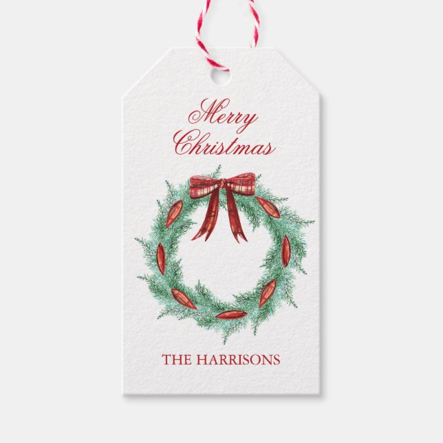 Étiquettes-cadeau Aquarelle Plaid Ruban Wreath Noël (Devant)