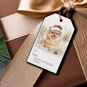 Étiquettes-cadeau Aquarelle Pomeranian à Santa Hat Noël