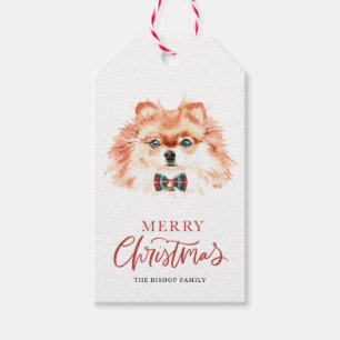 Étiquettes-cadeau Aquarelle Pomeranian Bow Cravate Joyeux Noël