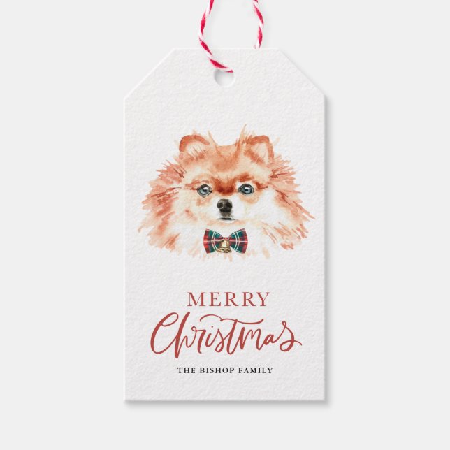 Étiquettes-cadeau Aquarelle Pomeranian Bow Cravate Joyeux Noël (Devant)