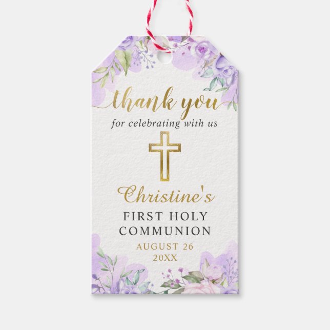 Étiquettes-cadeau Aquarelle Purple Floral Or Première Communion Sain (Devant)