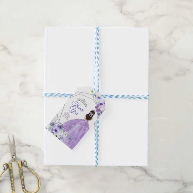 Étiquettes-cadeau Aquarelle Quinceañera Argent et Merci pourpre (Avec de laficelle)