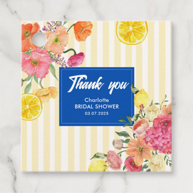 Étiquettes Cadeau Aquarelle rayures Fête des mariées citron italienn (Devant)