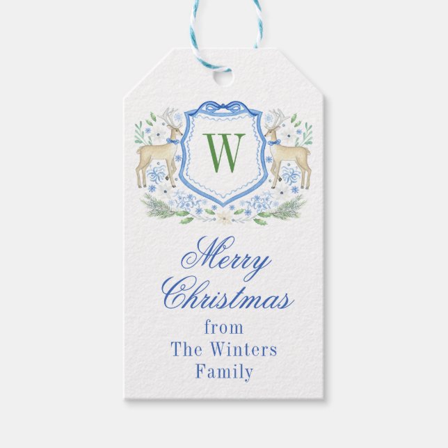 Étiquettes-cadeau Aquarelle Reindeder Monogram Crest Noël (Devant)