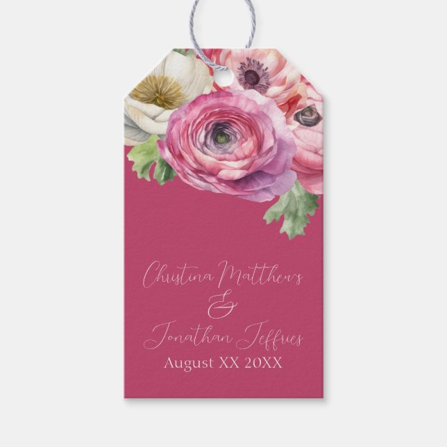 Étiquettes-cadeau Aquarelle romantique Ranunculus rose sur Blush (Devant)