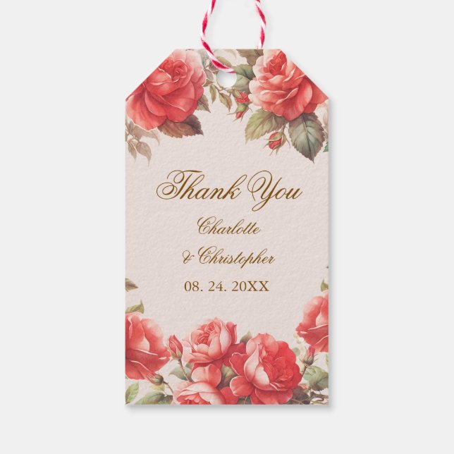 Étiquettes-cadeau Aquarelle romantique Roses rouges Mariage floral (Dos)