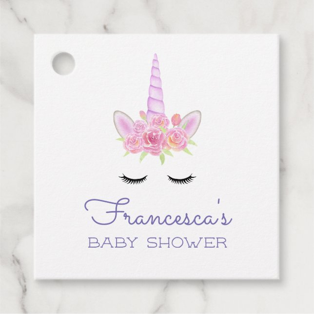 Étiquettes Cadeau Aquarelle rose Baby shower Unicorne (Devant)
