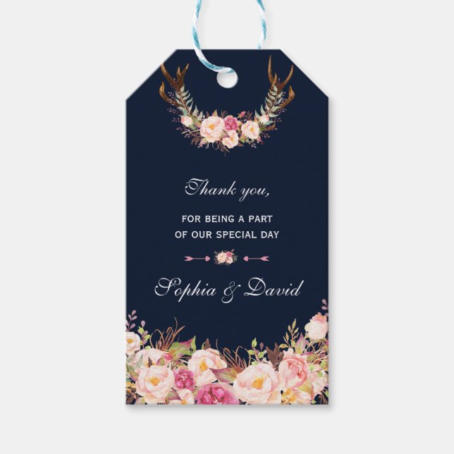 Étiquettes-cadeau Aquarelle rose Blush Floral Antlers Mariage de mar (Devant)