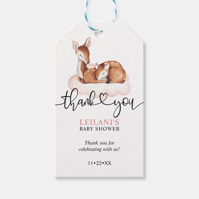 Étiquettes-cadeau Aquarelle rose Cloud Cerf Baby shower Merci (Devant)