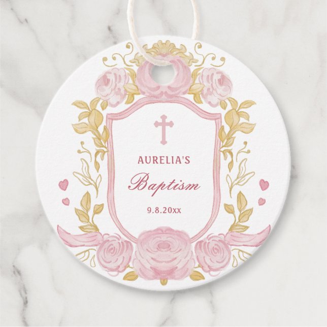 Étiquettes Cadeau Aquarelle Rose Crest Baptême (Devant)