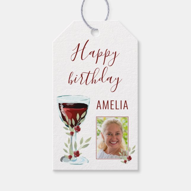 Étiquettes-cadeau Aquarelle Rose de vin rouge Photo 60e anniversaire (Devant)