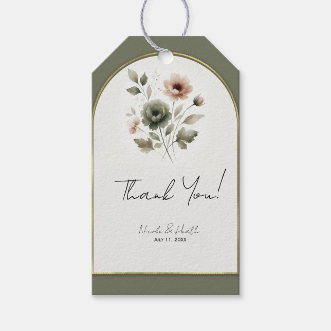 Étiquettes-cadeau Aquarelle rose et or d'olive poussiéreux (Devant)