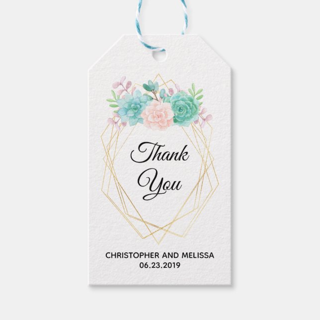 Étiquettes-cadeau Aquarelle rose et vert moderne Mariage Succulent (Devant)