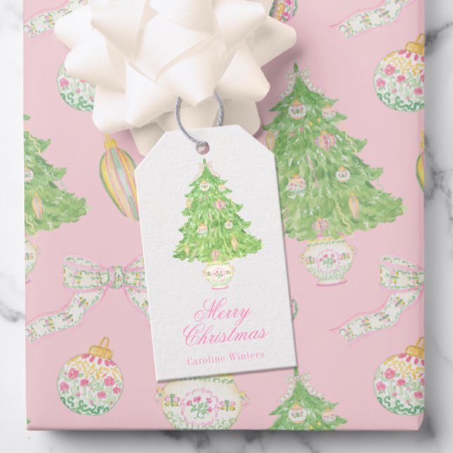 Étiquettes-cadeau Aquarelle rose et vert Noël Chinoiserie Arbre (Créateur téléchargé)