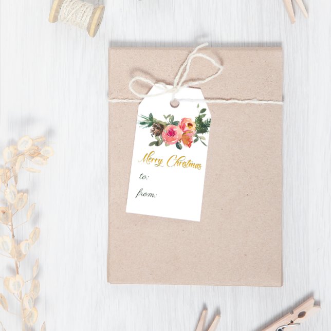 Étiquettes-cadeau Aquarelle rose et verte Florale Joyeux Noël (Créateur téléchargé)