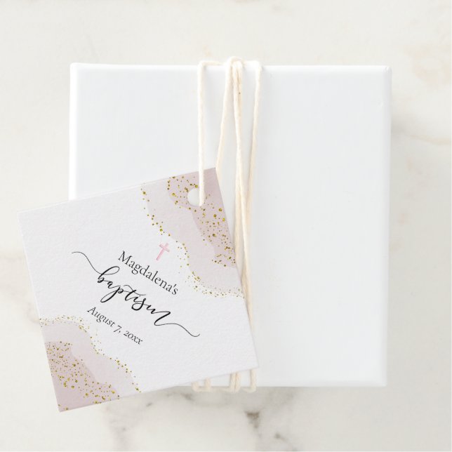 Étiquettes Cadeau aquarelle rose | faux or parties scintillant Baptê (En situation)