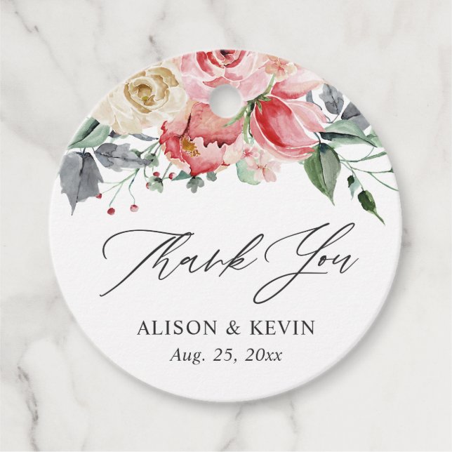 Étiquettes Cadeau Aquarelle Rose Fleurie Merci Rose Crème Rose (Devant)