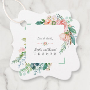 Étiquettes Cadeau Aquarelle rose Fleurs blanches Mariage cadre vert