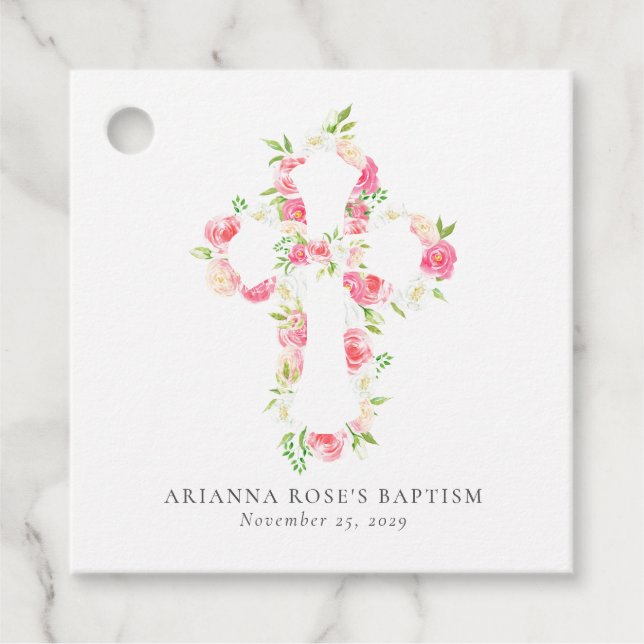 Étiquettes Cadeau Aquarelle rose Floral Cross Baptism Favoriser les  (Devant)