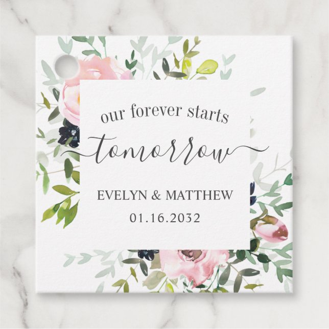 Étiquettes Cadeau Aquarelle rose Floral pour toujours commence demai (Devant)
