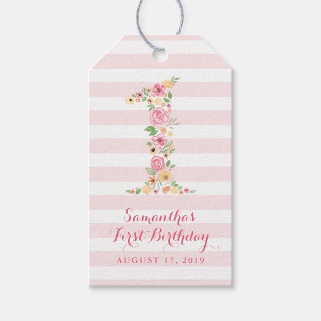 Étiquettes-cadeau Aquarelle rose Floral un premier anniversaire (Devant)