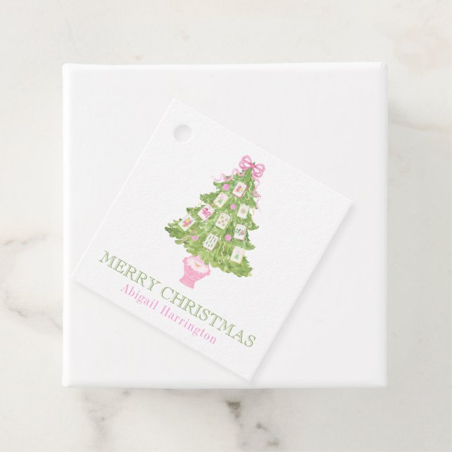 Étiquettes Cadeau Aquarelle rose Mahjong Arbre de Noël (En situation)