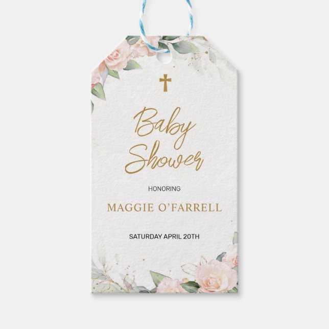 Étiquettes-cadeau Aquarelle rose pâle Fleurs Baby shower religieux (Devant)