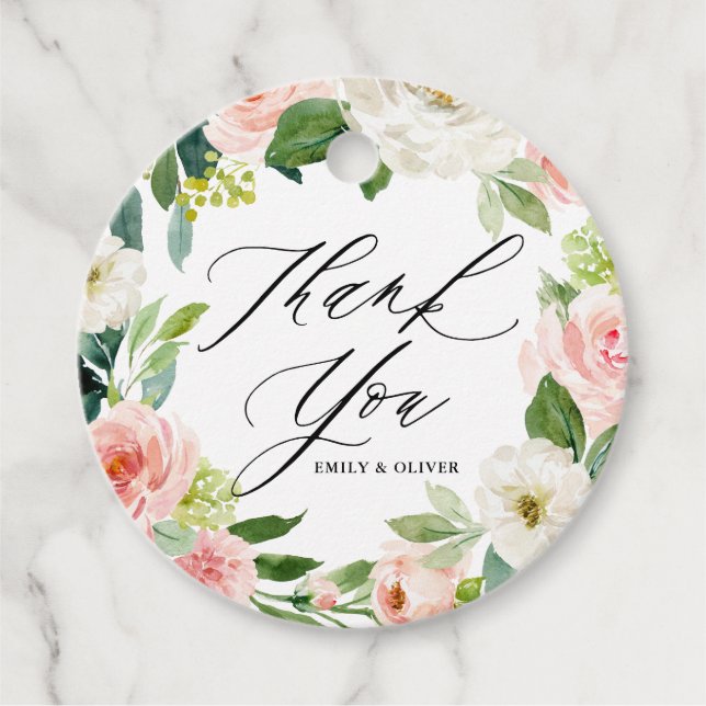 Étiquettes Cadeau Aquarelle rose Pêche Floral Merci de couronne (Devant)